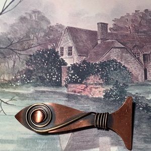 Scandinavian Design Copper Fish Brooch. Oxidized Copper with Brass Wire Wrap.